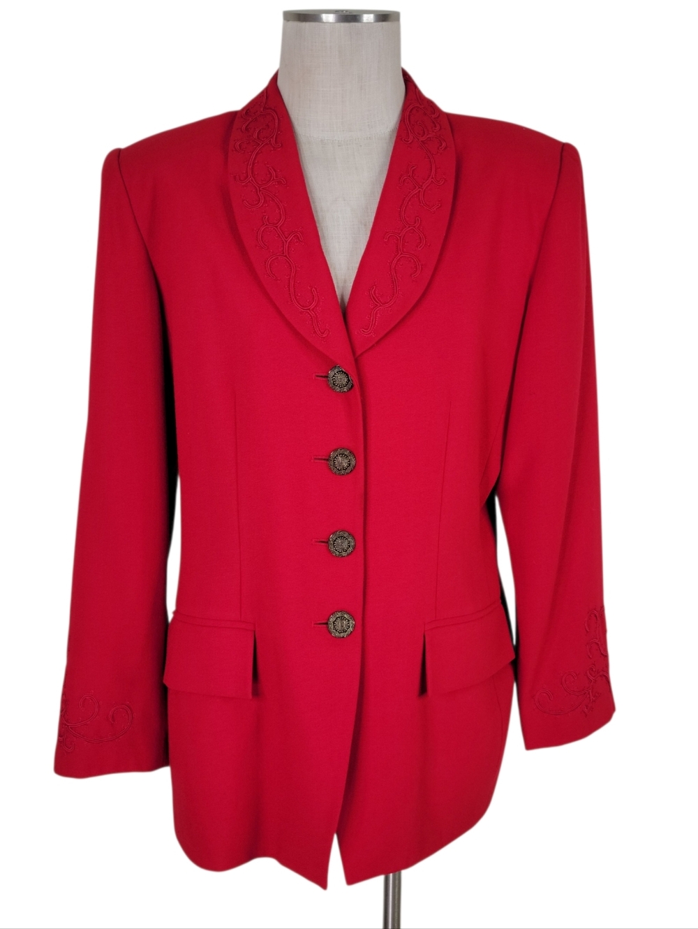 Kasper ASL Skirt Suit Size 14 Red Embroidered Flap Pockets Long Blazer Textured - Picture 3 of 12